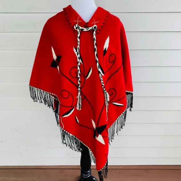 Vintage Red Wool Embroidered Poncho Cape - Picture 5 of 8